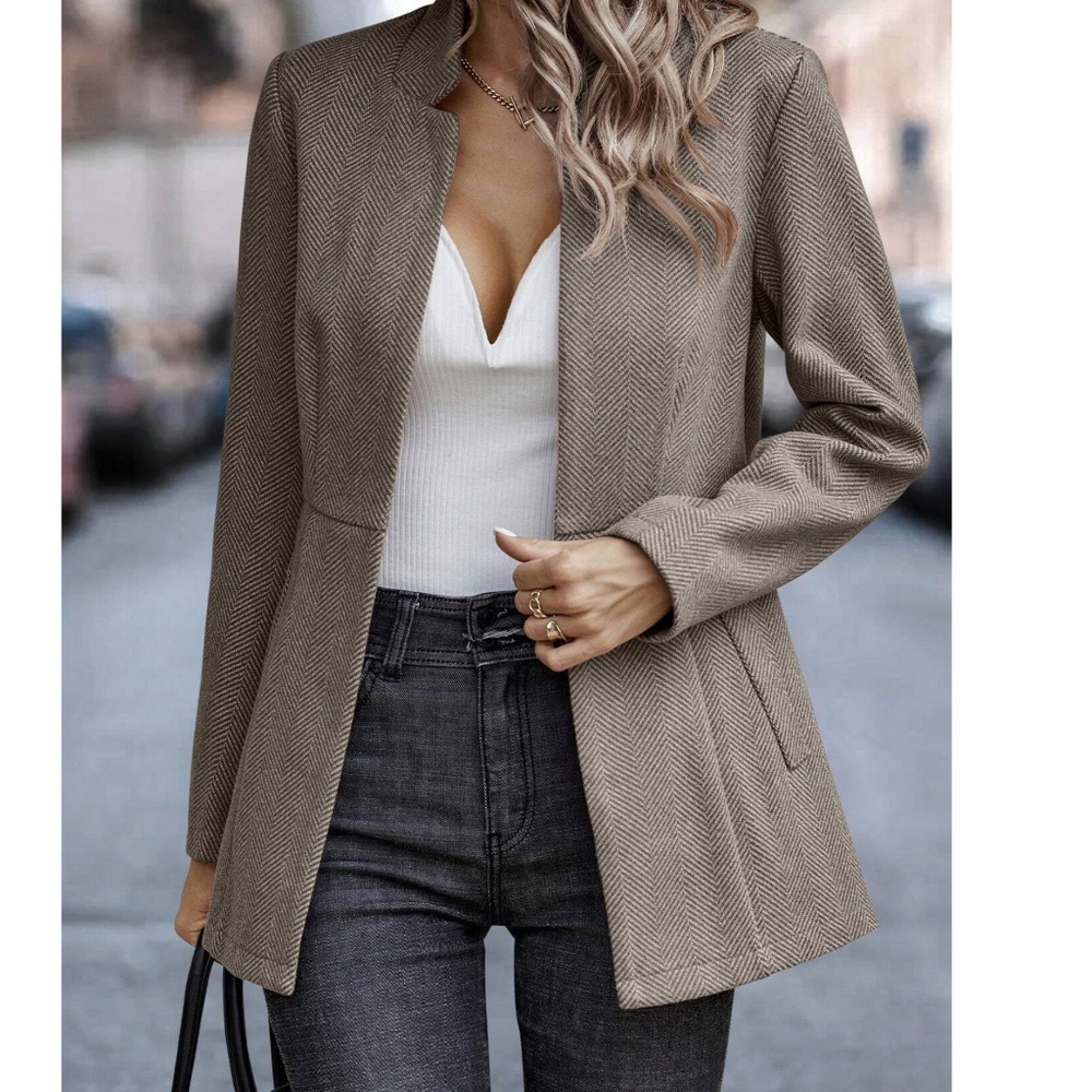 Classic Brown Herringbone Blazer Jacket Coat - Picture 2 of 5